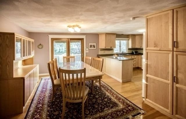 dining room featuring light wood finished floors and a textured ceiling