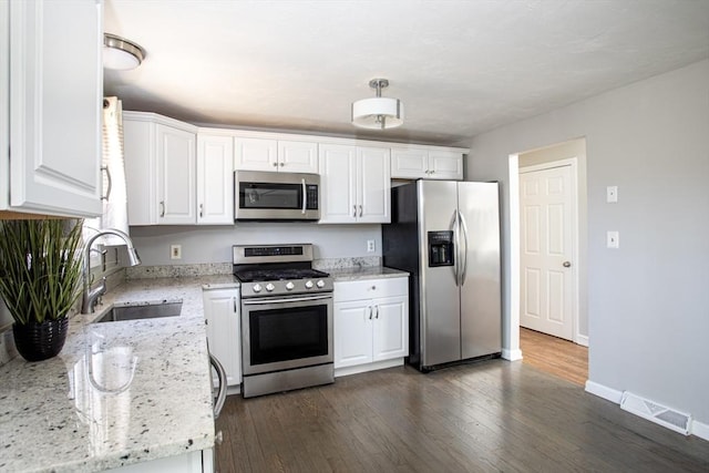 kitchen featuring white cabinetry, visible vents, appliances with stainless steel finishes, and a sink