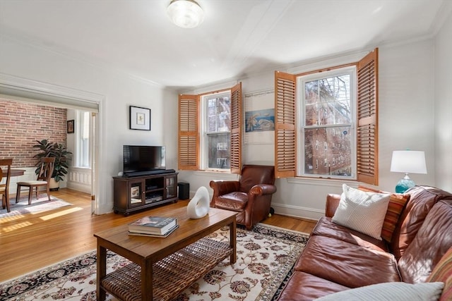 living area featuring baseboards, wood finished floors, and ornamental molding