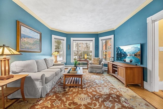 sitting room with crown molding and light hardwood / wood-style floors