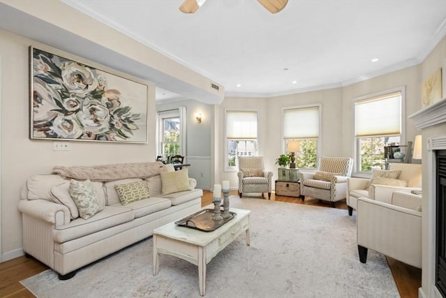 337-339 Gallivan Blvd Unit 2, Boston, MA 02124 - living area with wood finished floors, ornamental molding, recessed lighting, baseboards, and ceiling fan
