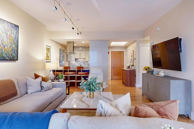 living room with light wood-type flooring and rail lighting