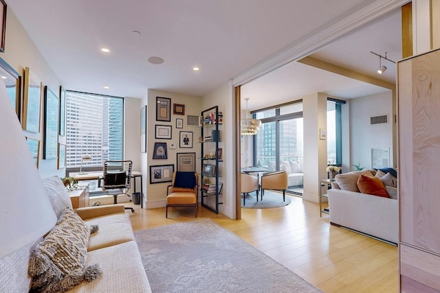 living room featuring expansive windows, a healthy amount of sunlight, an inviting chandelier, and light wood-type flooring