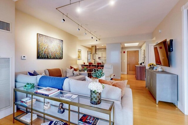 living room featuring rail lighting and light hardwood / wood-style flooring