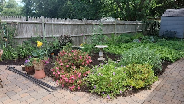 view of yard featuring a storage shed, a fenced backyard, a patio, and an outdoor structure