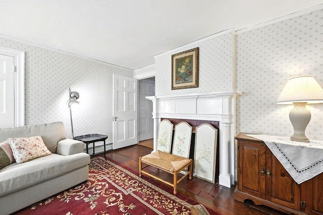 96 College St, South Hadley, MA 01075 - living area featuring crown molding, a baseboard heating unit, wallpapered walls, and dark wood-style floors
