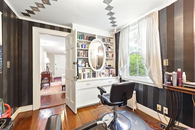 96 College St, South Hadley, MA 01075 - home office with hardwood / wood-style floors, radiator heating unit, and ornamental molding