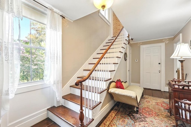 96 College St, South Hadley, MA 01075 - staircase featuring healthy amount of natural light, baseboards, and wood finished floors