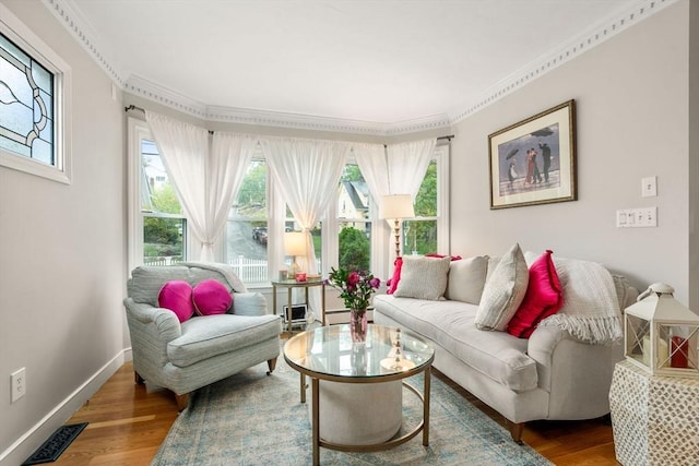137 Pond, Westwood, MA 02090 - living room featuring wood finished floors, baseboards, and ornamental molding