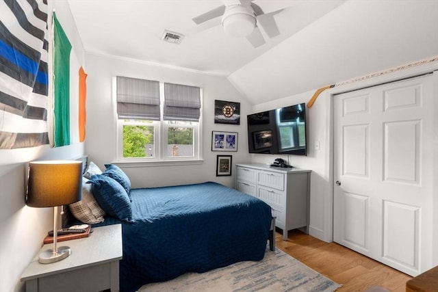 137 Pond, Westwood, MA 02090 - bedroom with light wood-type flooring, ceiling fan, and vaulted ceiling
