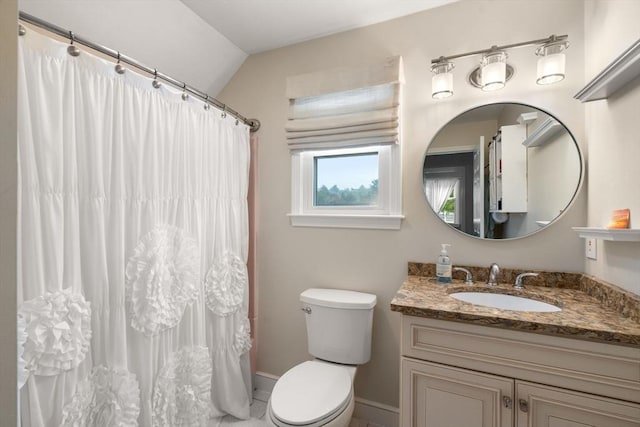 137 Pond, Westwood, MA 02090 - full bathroom featuring vanity, toilet, lofted ceiling, a shower with shower curtain, and baseboards