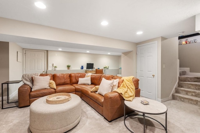 137 Pond, Westwood, MA 02090 - living area featuring light colored carpet, recessed lighting, baseboards, and stairs