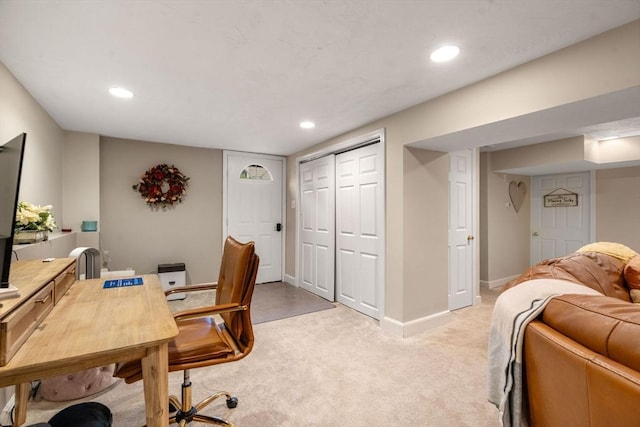 137 Pond, Westwood, MA 02090 - home office featuring baseboards, light colored carpet, and recessed lighting