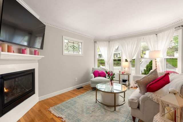 137 Pond, Westwood, MA 02090 - living room featuring crown molding, plenty of natural light, a glass covered fireplace, wood finished floors, and baseboards
