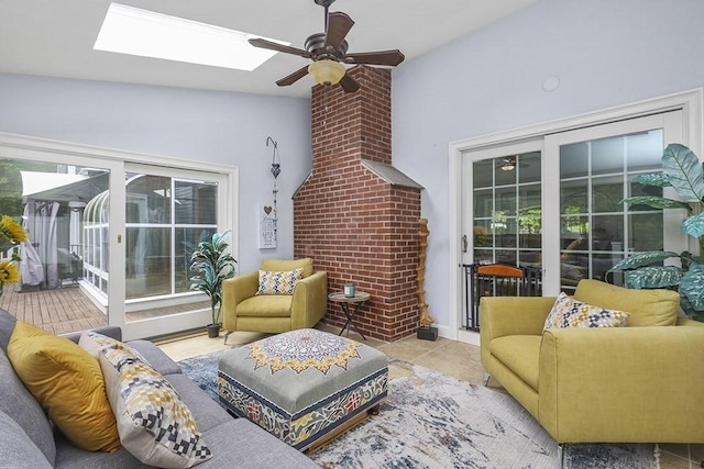 18 Village Hill Rd, Dover, MA 02030 - living room with ceiling fan, lofted ceiling, plenty of natural light, and a skylight