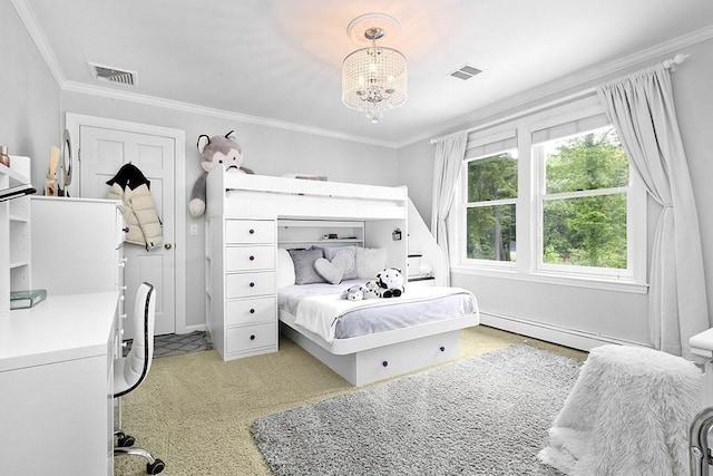 18 Village Hill Rd, Dover, MA 02030 - bedroom featuring crown molding, baseboard heating, a chandelier, and light carpet