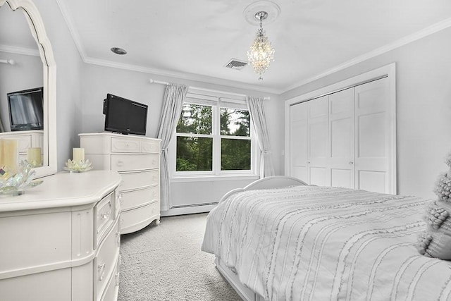 18 Village Hill Rd, Dover, MA 02030 - bedroom with light carpet, ornamental molding, a baseboard heating unit, a closet, and a chandelier