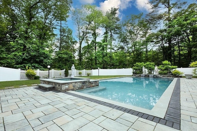 18 Village Hill Rd, Dover, MA 02030 - view of swimming pool featuring a patio area, a fenced backyard, and a pool with connected hot tub
