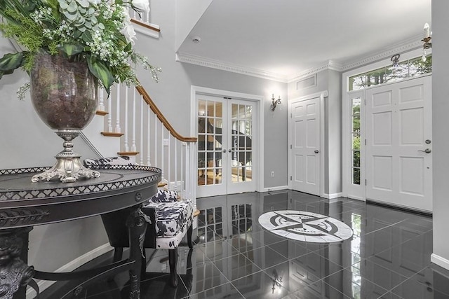 18 Village Hill Rd, Dover, MA 02030 - entryway with french doors, baseboards, granite floors, ornamental molding, and healthy amount of natural light