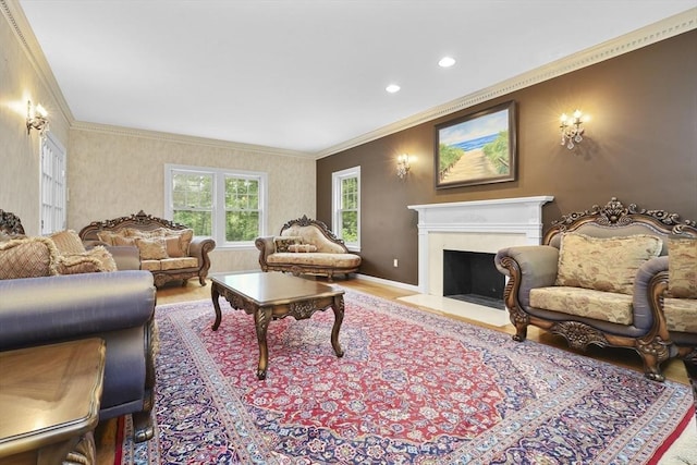18 Village Hill Rd, Dover, MA 02030 - living room featuring ornamental molding, wood finished floors, a fireplace with flush hearth, and recessed lighting