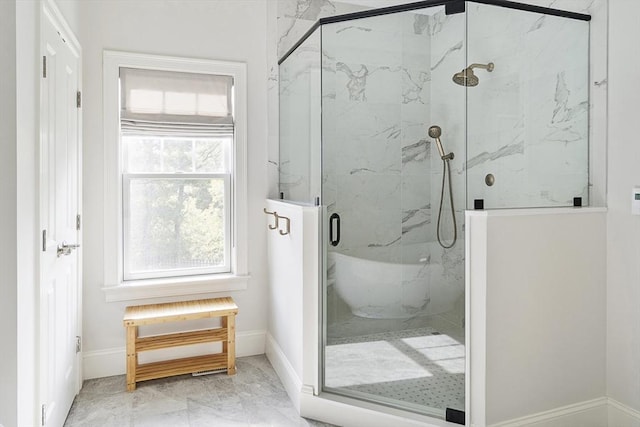 5 Bullens Way, Canton, MA 02021 - bathroom featuring a marble finish shower, marble finish flooring, and baseboards