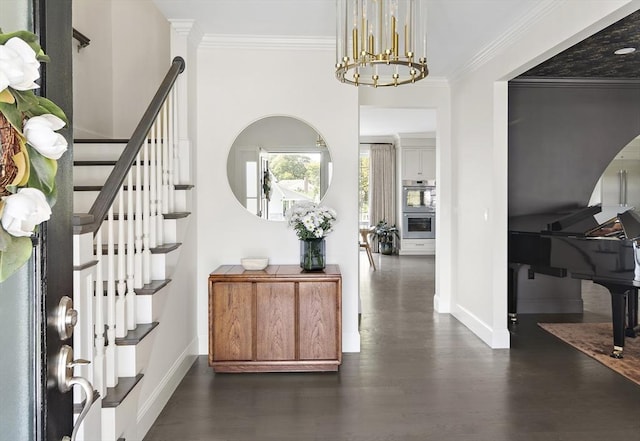5 Bullens Way, Canton, MA 02021 - entryway with stairway, dark wood-style floors, a chandelier, baseboards, and ornamental molding