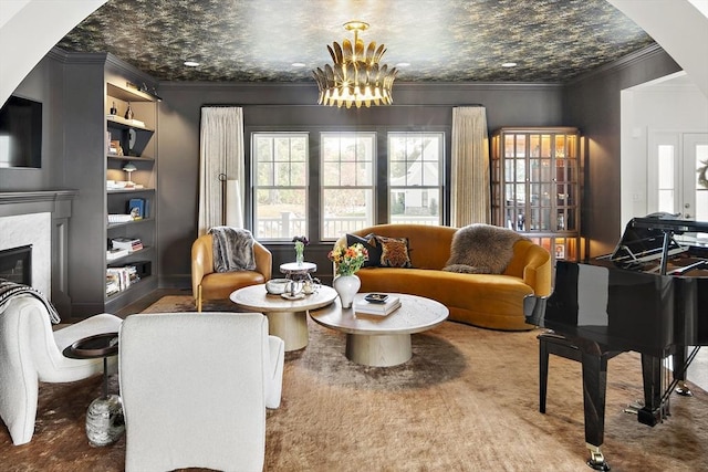 5 Bullens Way, Canton, MA 02021 - carpeted living area with crown molding, a premium fireplace, a chandelier, and built in features