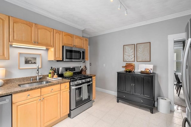 kitchen featuring stainless steel appliances, a sink, stone counters, ornamental molding, and baseboards