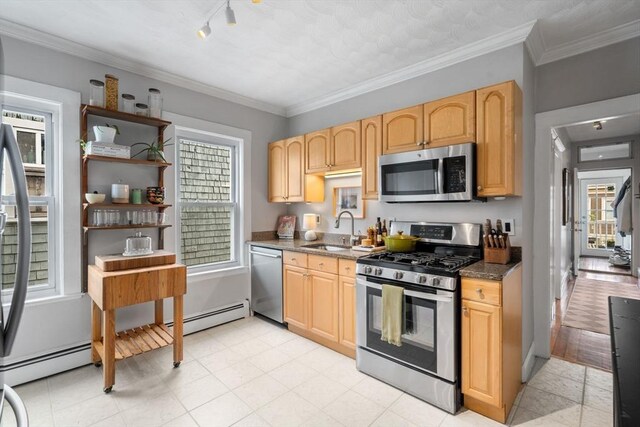 kitchen with appliances with stainless steel finishes, a sink, light brown cabinetry, a baseboard radiator, and ornamental molding