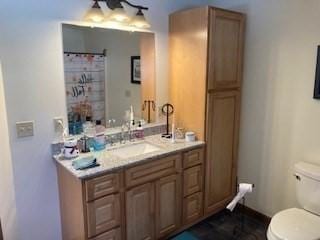 full bath with curtained shower, vanity, and toilet