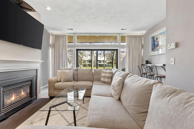 living room featuring floor to ceiling windows and wood-type flooring