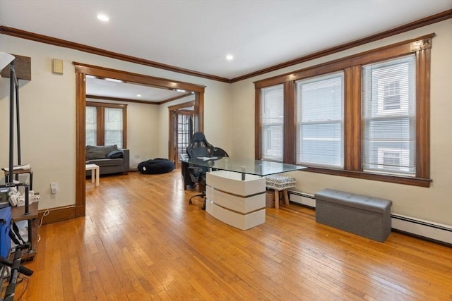 18-20 Presentation Rd, Boston, MA 02135 - game room featuring a baseboard heating unit, light wood finished floors, ornamental molding, and recessed lighting