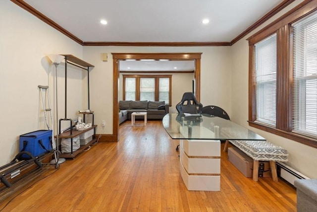 18-20 Presentation Rd, Boston, MA 02135 - dining area featuring a baseboard heating unit, ornamental molding, plenty of natural light, light wood-style flooring, and recessed lighting