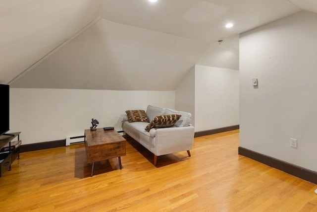18-20 Presentation Rd, Boston, MA 02135 - living area featuring lofted ceiling, light wood finished floors, recessed lighting, and baseboard heating