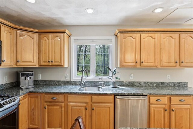 7 Acorn Way, Georgetown, MA 01833 - kitchen with stainless steel appliances, a sink, dark stone countertops, and recessed lighting