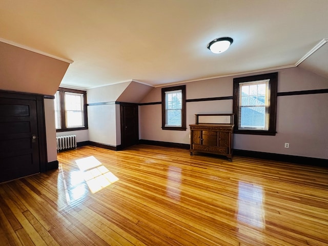 bonus room with radiator heating unit, light hardwood / wood-style floors, and plenty of natural light