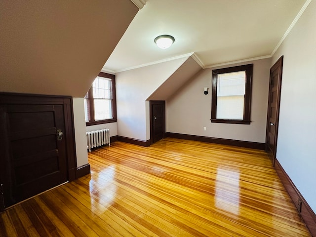 additional living space featuring light wood-type flooring and radiator heating unit