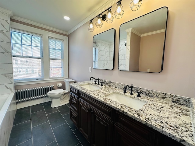 bathroom with tile patterned floors, toilet, ornamental molding, and radiator