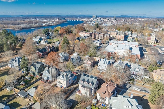 bird's eye view with a water view