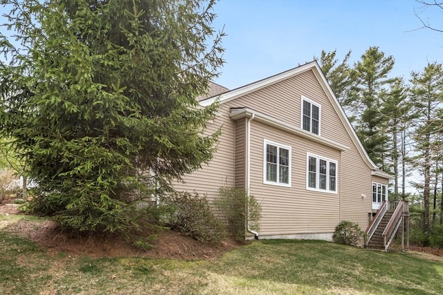 29 Shinglewood, Plymouth, MA 02360 - view of property exterior featuring stairway and a lawn