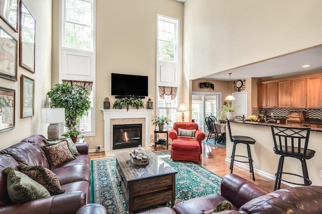 29 Shinglewood, Plymouth, MA 02360 - living room featuring a high ceiling, a glass covered fireplace, and wood finished floors