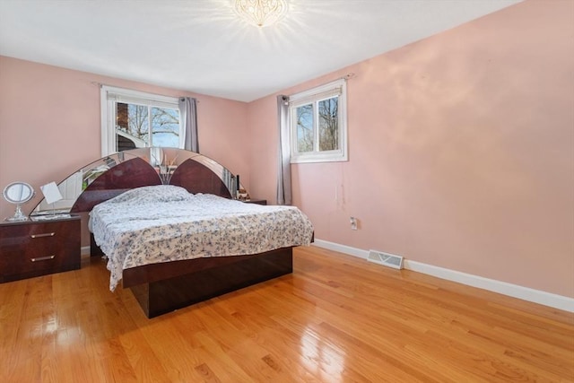 bedroom featuring light wood-type flooring and multiple windows