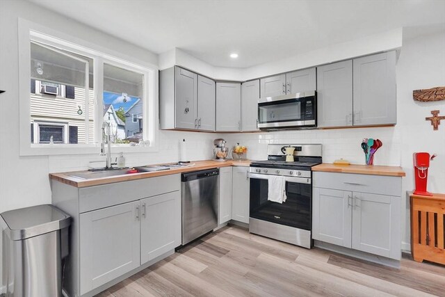 37 Revere St, Springfield, MA 01108 - kitchen with stainless steel appliances, wooden counters, gray cabinets, light wood-style flooring, and decorative backsplash
