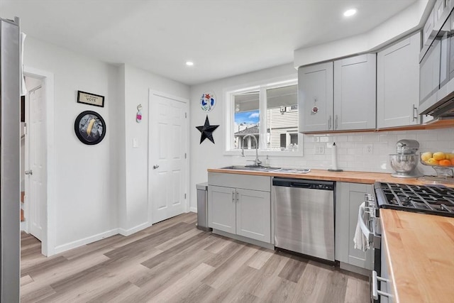 37 Revere St, Springfield, MA 01108 - kitchen with butcher block counters, appliances with stainless steel finishes, a sink, light wood-type flooring, and decorative backsplash