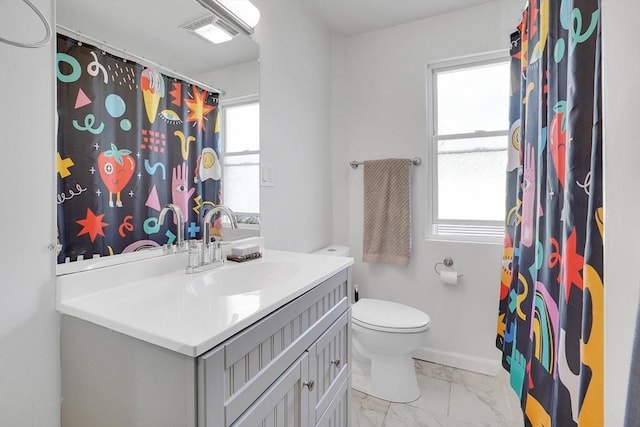 37 Revere St, Springfield, MA 01108 - bathroom with marble finish flooring, toilet, vanity, curtained shower, and baseboards