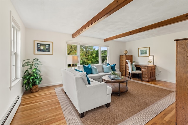 3 Penni Ln, Andover, MA 01810 - living room featuring a baseboard heating unit, light wood-style floors, beam ceiling, and a desk