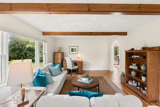 3 Penni Ln, Andover, MA 01810 - living room featuring beam ceiling, light wood-style flooring, and arched walkways