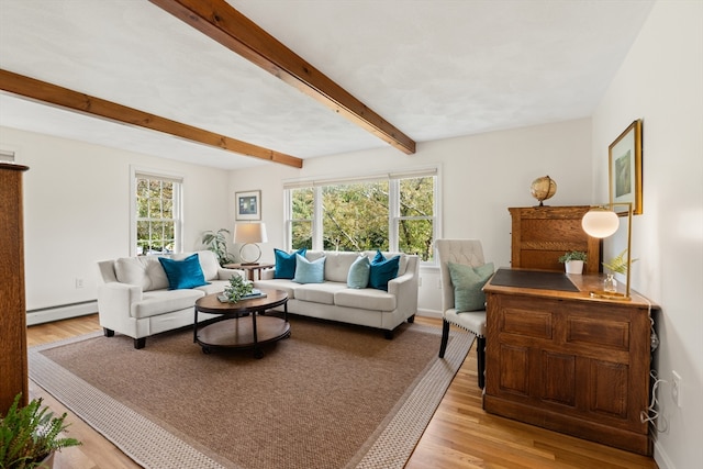 3 Penni Ln, Andover, MA 01810 - living area featuring a baseboard heating unit, wood finished floors, and beam ceiling