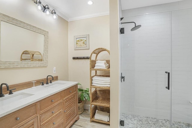 79 David Ave, Tisbury, MA 02568 - bathroom with a stall shower, double vanity, and crown molding