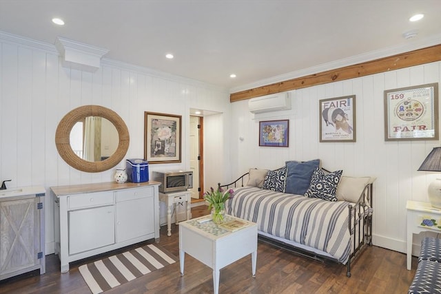 79 David Ave, Tisbury, MA 02568 - living area featuring a wall mounted AC, crown molding, dark wood-style flooring, recessed lighting, and baseboards